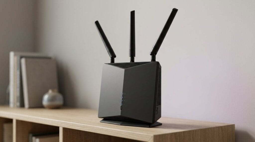 Modern black Wi-Fi router with three antennas on a wooden shelf with shallow depth of field.