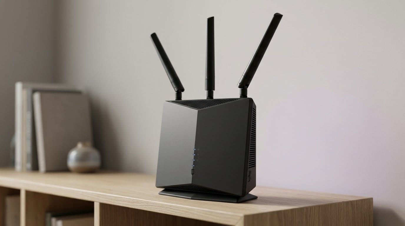 Modern black Wi-Fi router with three antennas on a wooden shelf with shallow depth of field.
