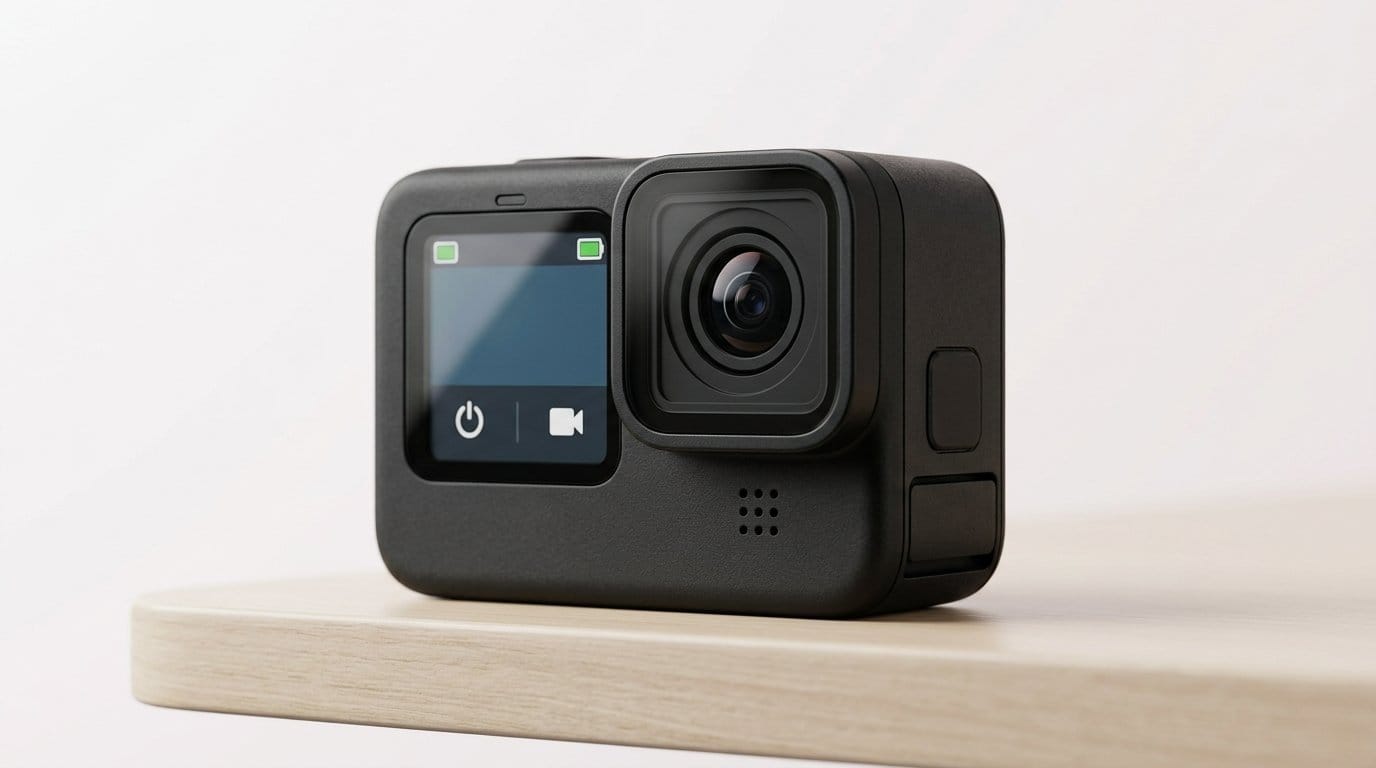 Compact black action camera with front display on a wooden surface, lit with soft directional light.