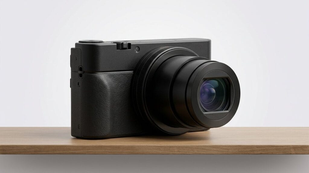 Compact digital camera with extended zoom lens on a wooden surface in soft light