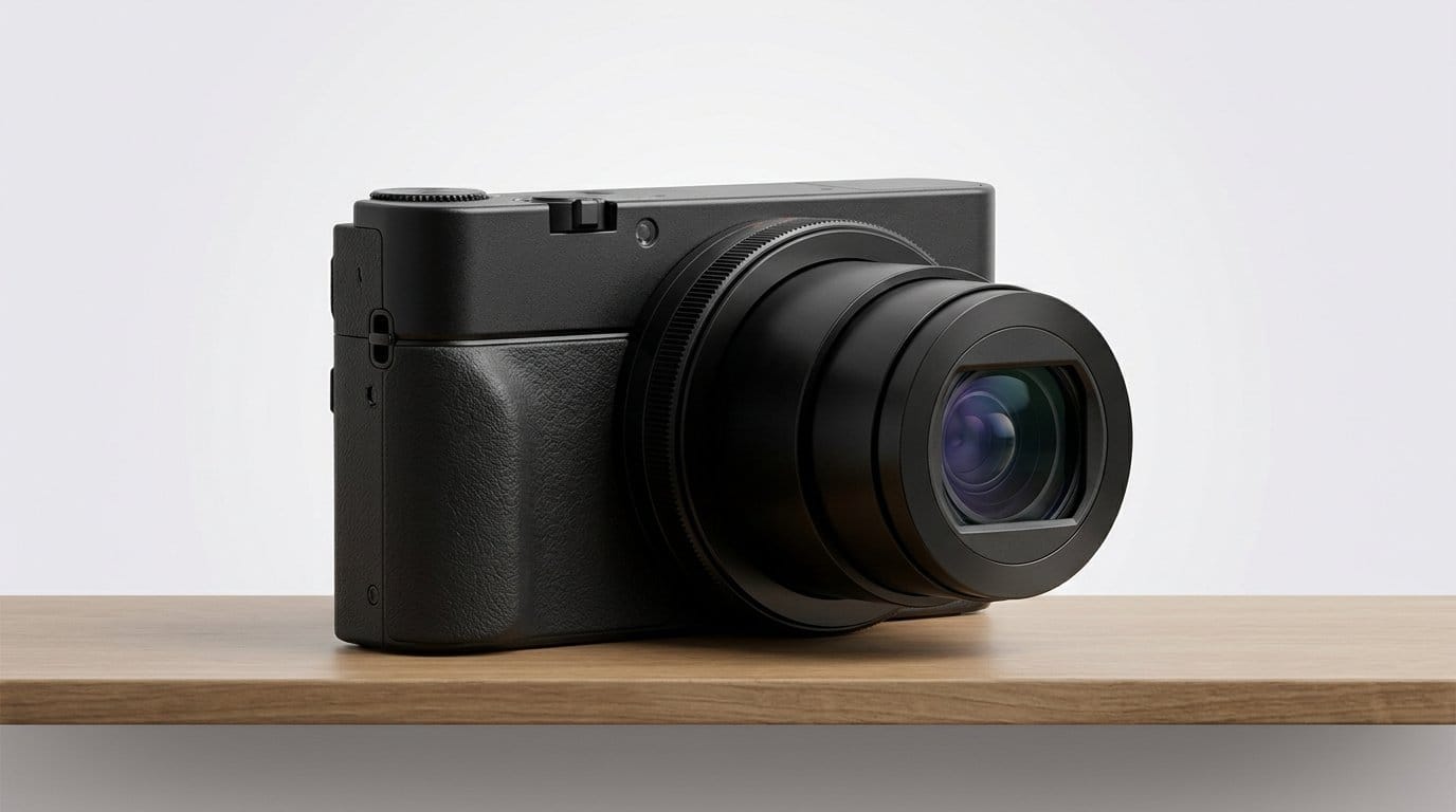 Compact digital camera with extended zoom lens on a wooden surface in soft light