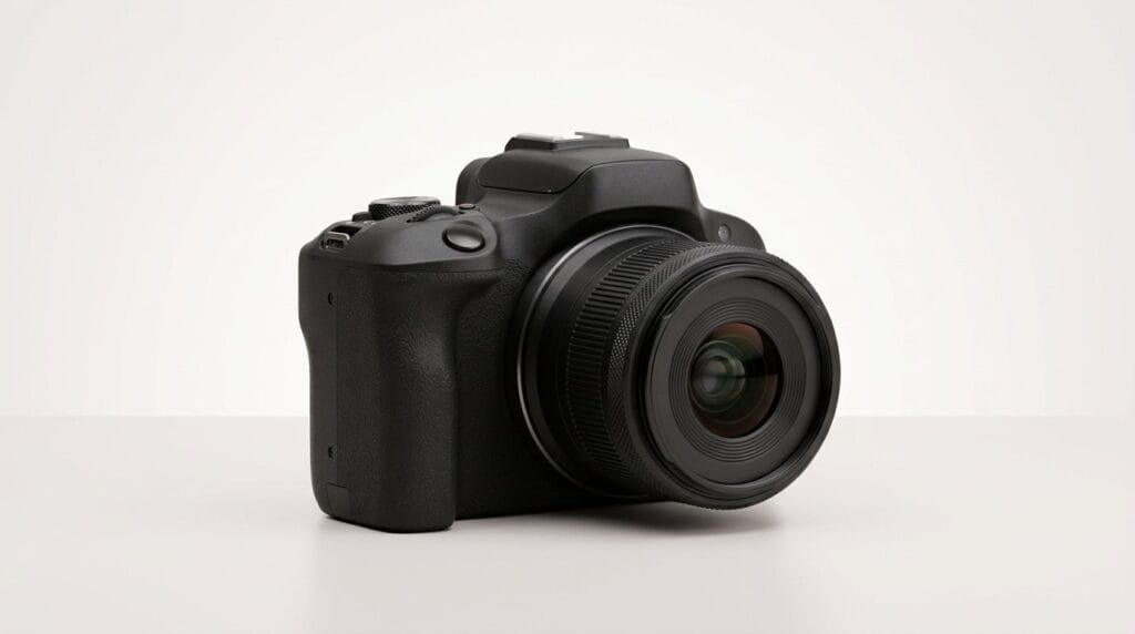 Black DSLR camera with lens on a white surface, lit by soft directional light.