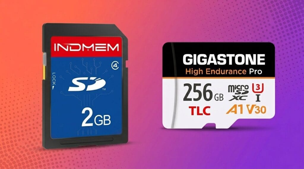 Side-by-side comparison of SD card and microSD card for digital storage on a minimal surface with soft light.