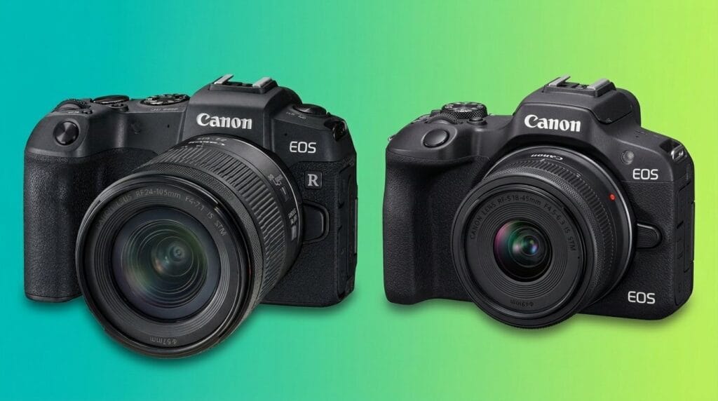 Two Canon EOS mirrorless cameras with different lenses on a green background, comparing full frame and APS-C options
