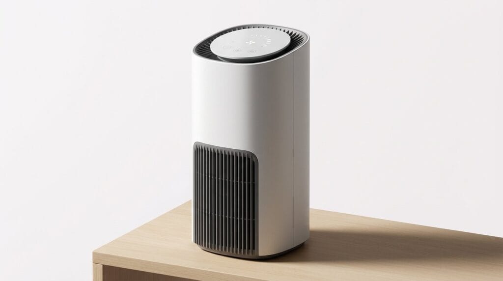 Compact white air purifier with black vent on a wooden surface against a white background.