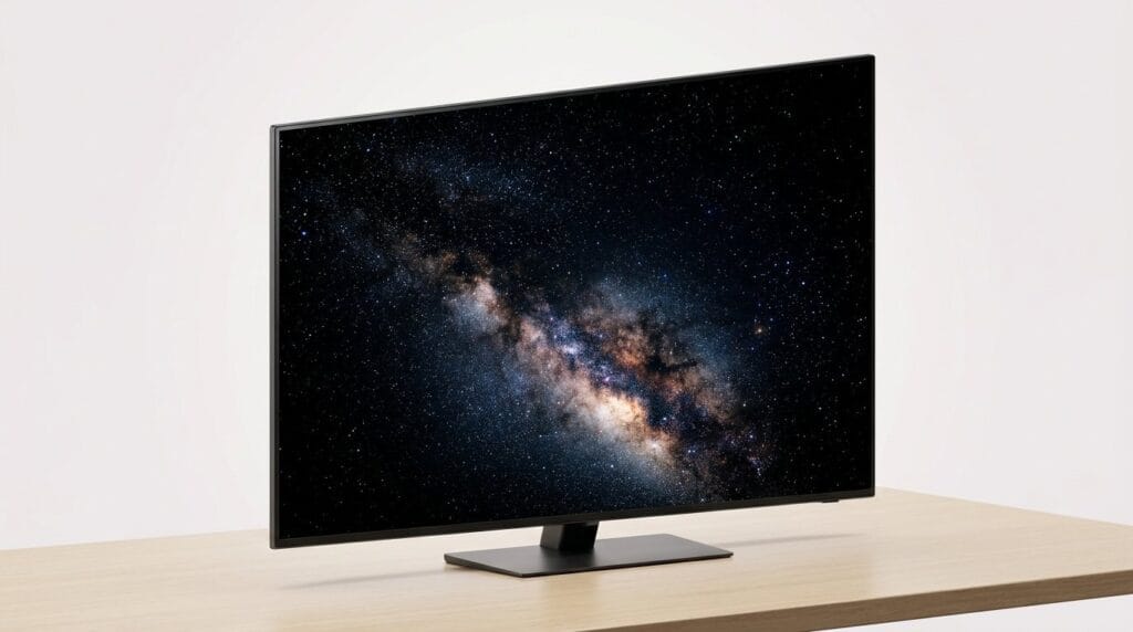 Modern flat-screen TV displaying the Milky Way galaxy on a dark, minimal background.