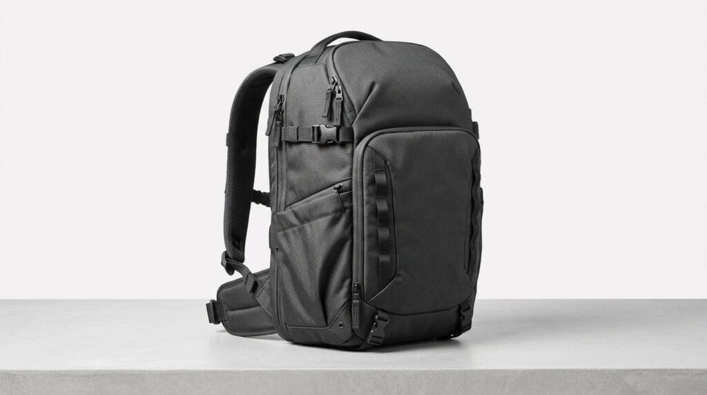 Black durable camera backpack with padded straps and multiple compartments on a minimal shelf, soft light