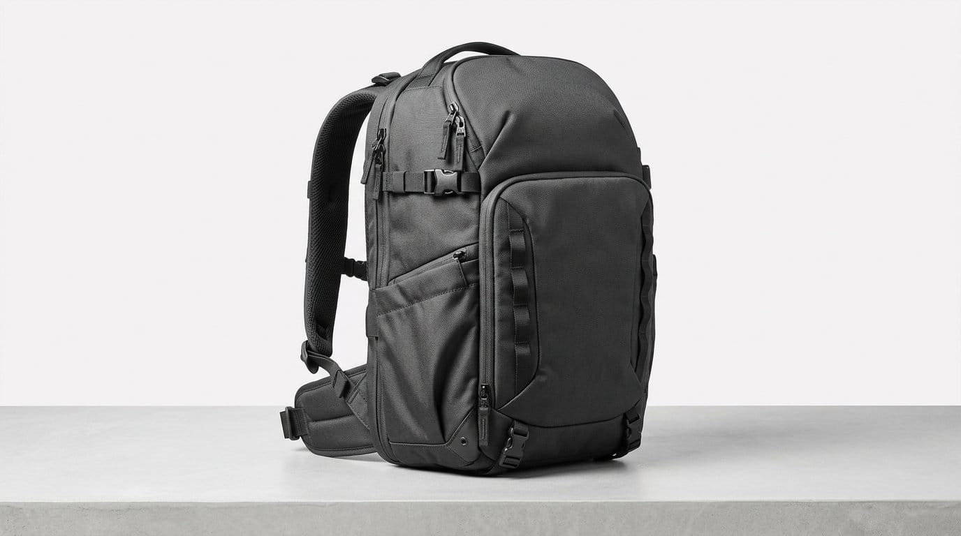 Black durable camera backpack with padded straps and multiple compartments on a minimal shelf, soft light