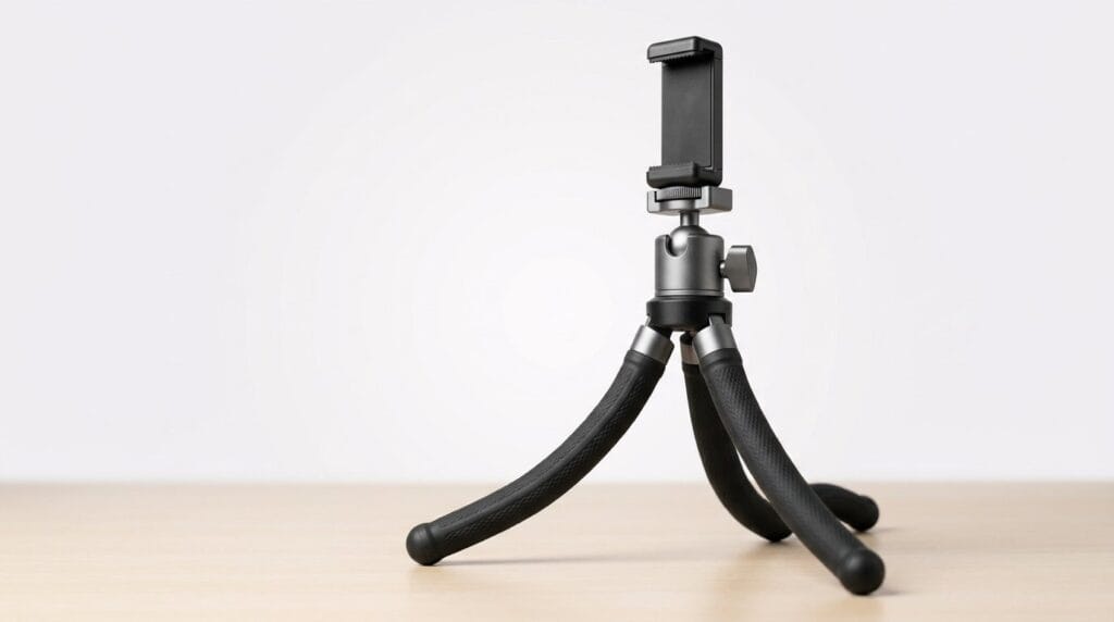 Flexible phone tripod stand with smartphone holder on a wooden surface, lit with soft directional light.