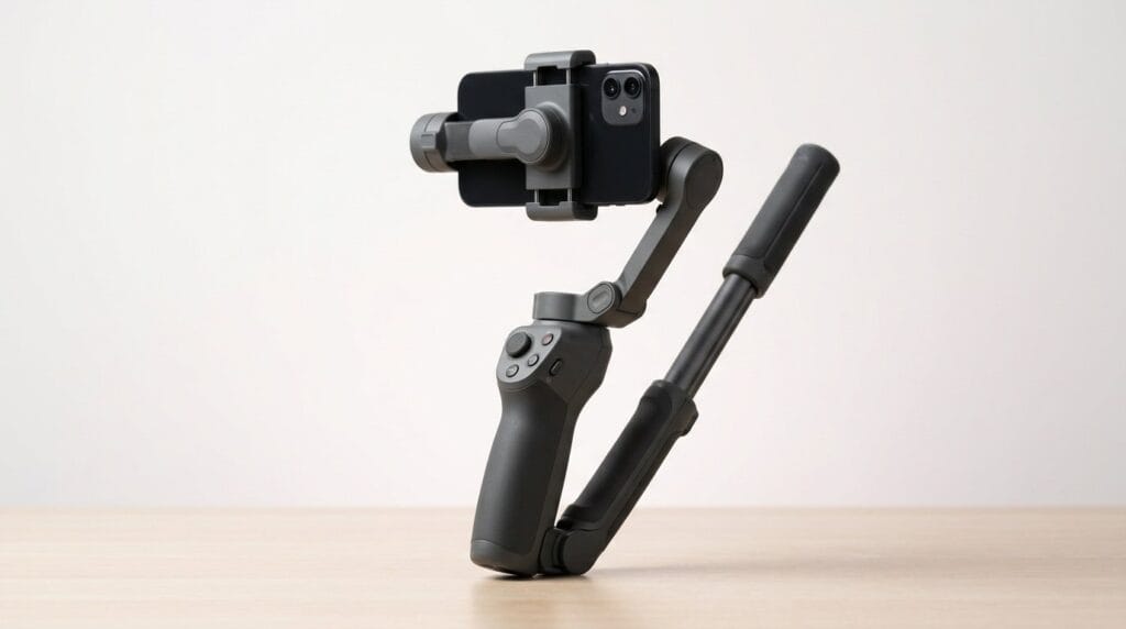 Handheld smartphone gimbal on a minimal shelf with soft directional light, for smooth video recording.