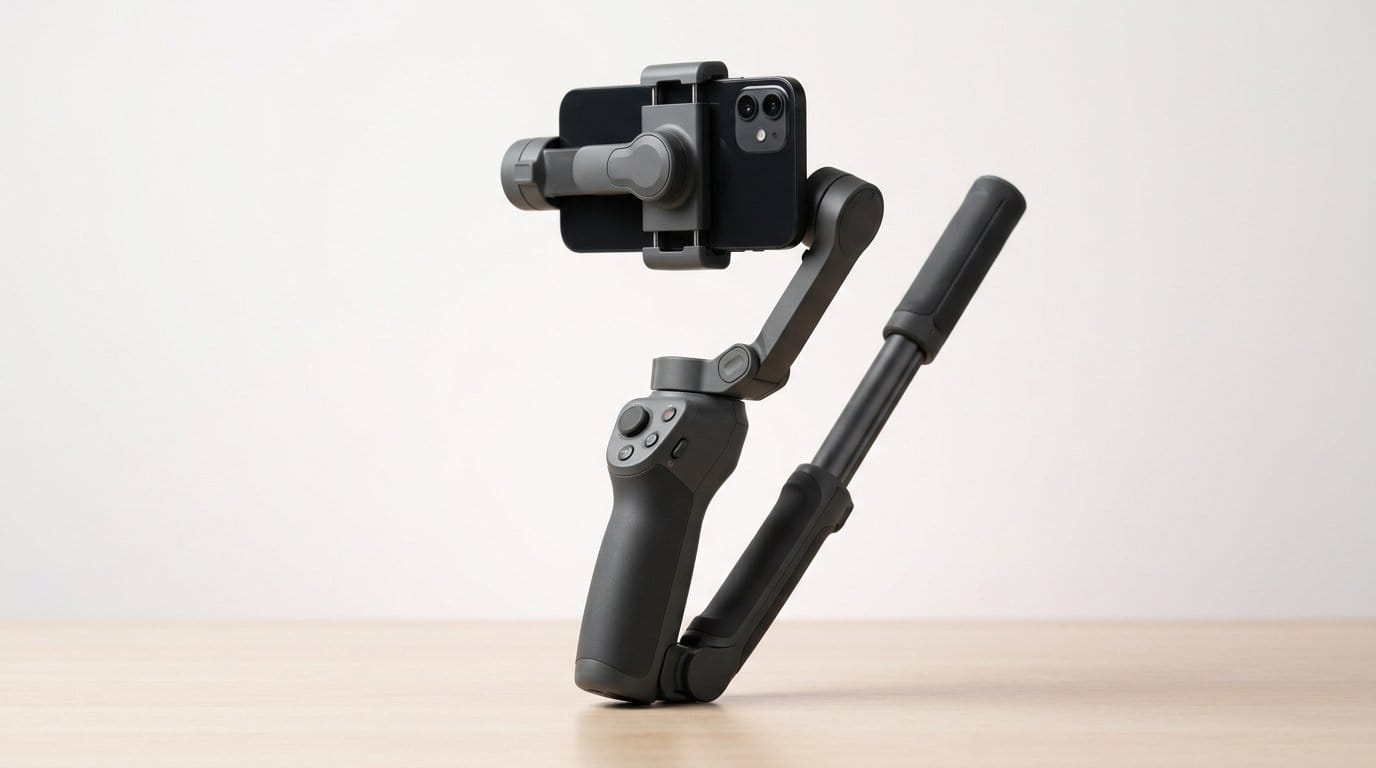Handheld smartphone gimbal on a minimal shelf with soft directional light, for smooth video recording.