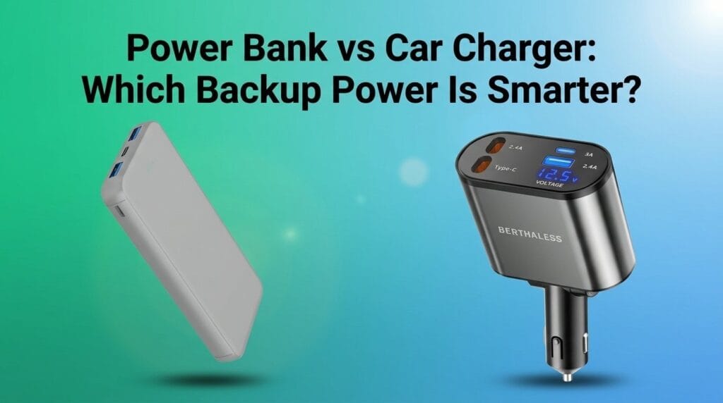Power bank and car charger comparison on a minimal surface with soft directional light.