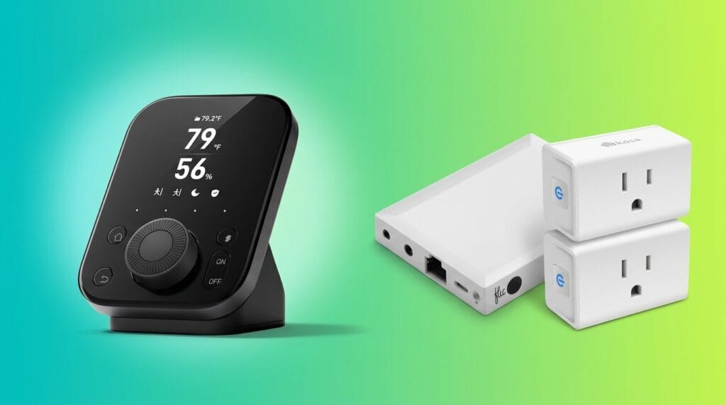 Smart home devices with a digital thermostat and Wi‑Fi smart plugs on a minimal surface with soft light.