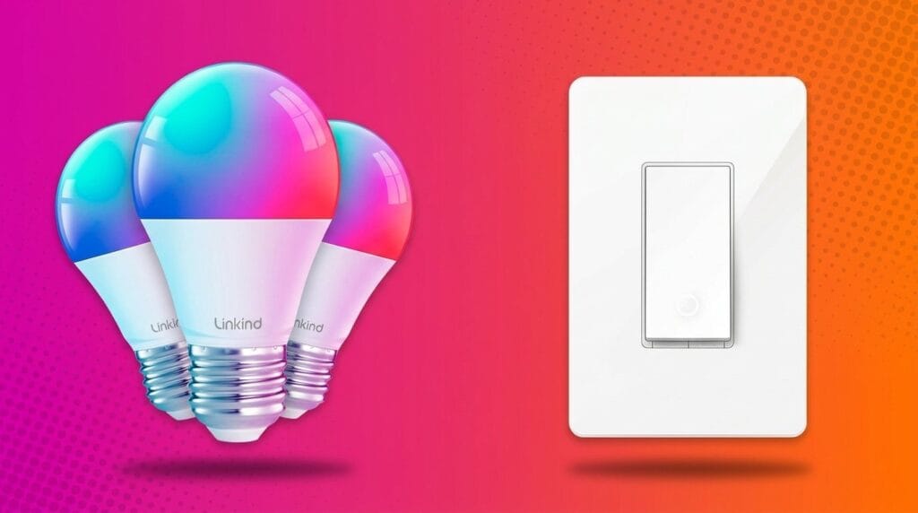 Colorful smart light bulbs next to a white wall switch on a vibrant gradient background.