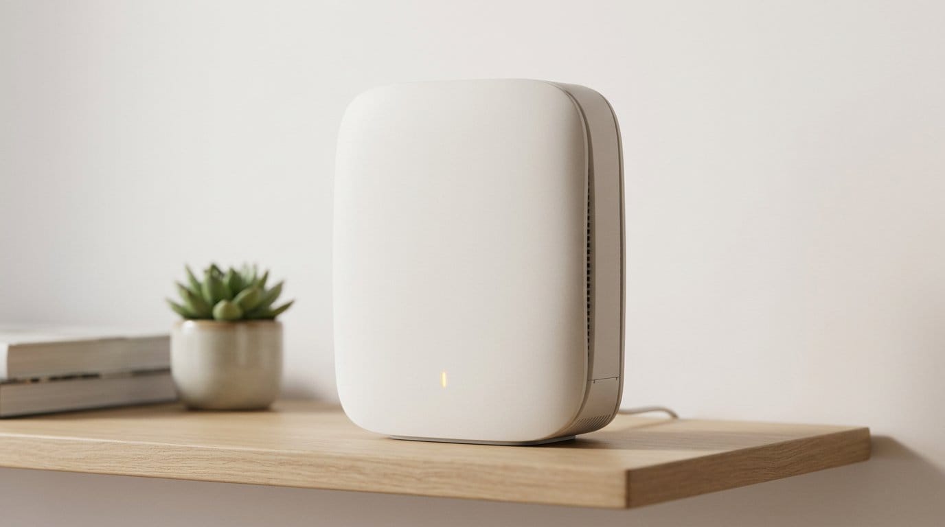 Modern white smart home air purifier on a wooden shelf in soft directional light
