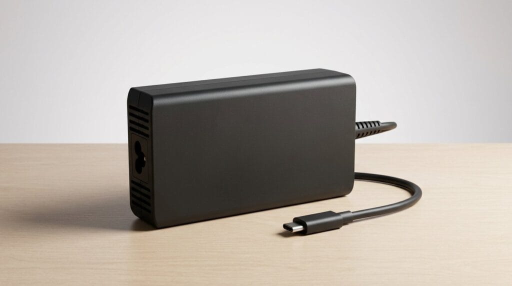 Black USB-C laptop charger adapter on a wooden surface with a gray background.