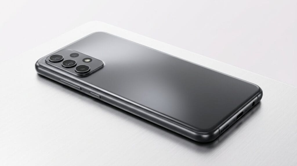 Sleek black smartphone with multiple rear cameras on a white surface, featuring the best midrange phones guide image