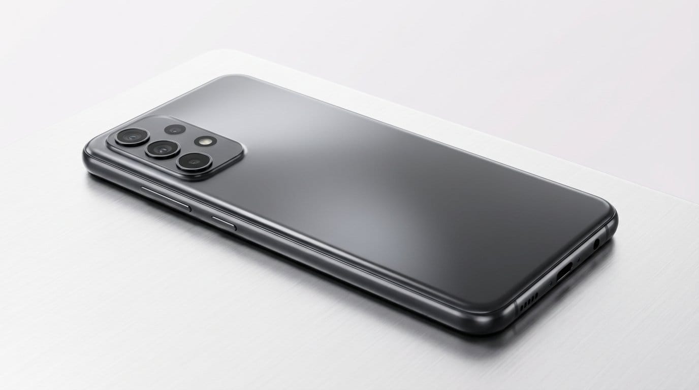 Sleek black smartphone with multiple rear cameras on a white surface, featuring the best midrange phones guide image