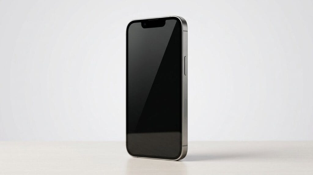 Sleek smartphone standing upright on a white surface with a black screen and soft directional lighting
