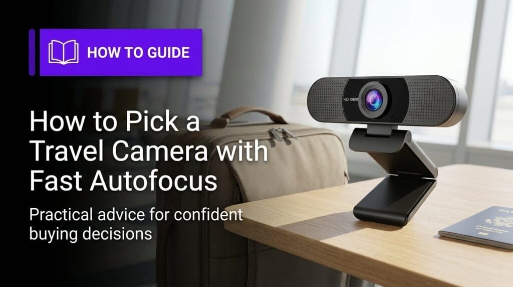Mirrorless travel camera on a tabletop with soft directional light for a guide hero image