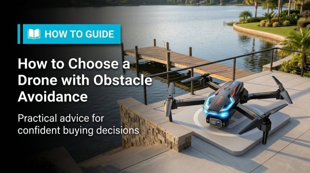 Consumer drone on a minimal surface with soft directional light, featured for obstacle avoidance guide