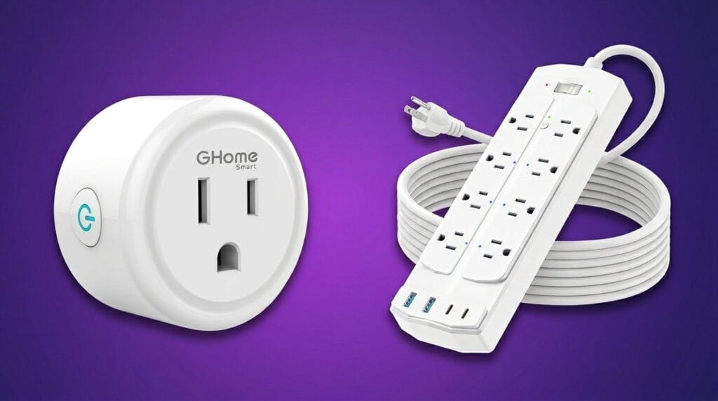 Smart plug and power strip with USB ports on a purple background for a smart home comparison.