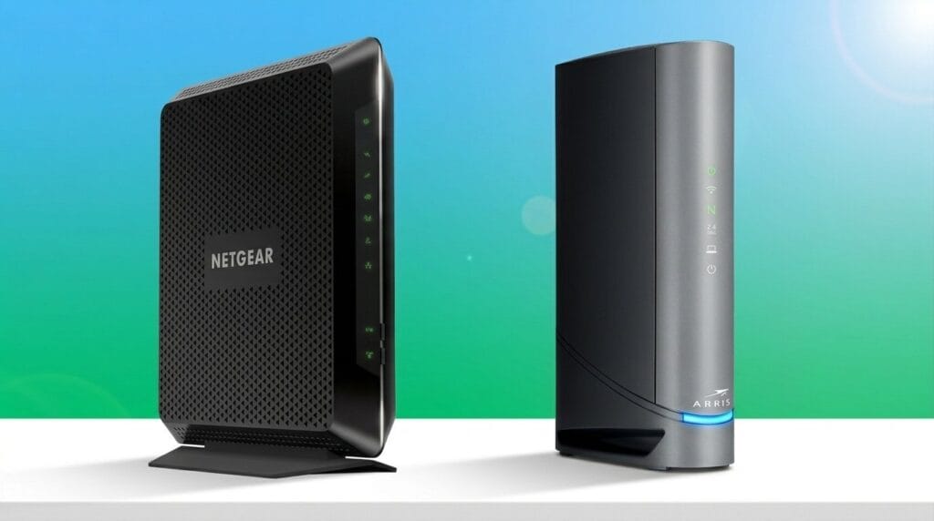 Two modern Netgear Wi-Fi routers on a white surface with a blue-green gradient background.