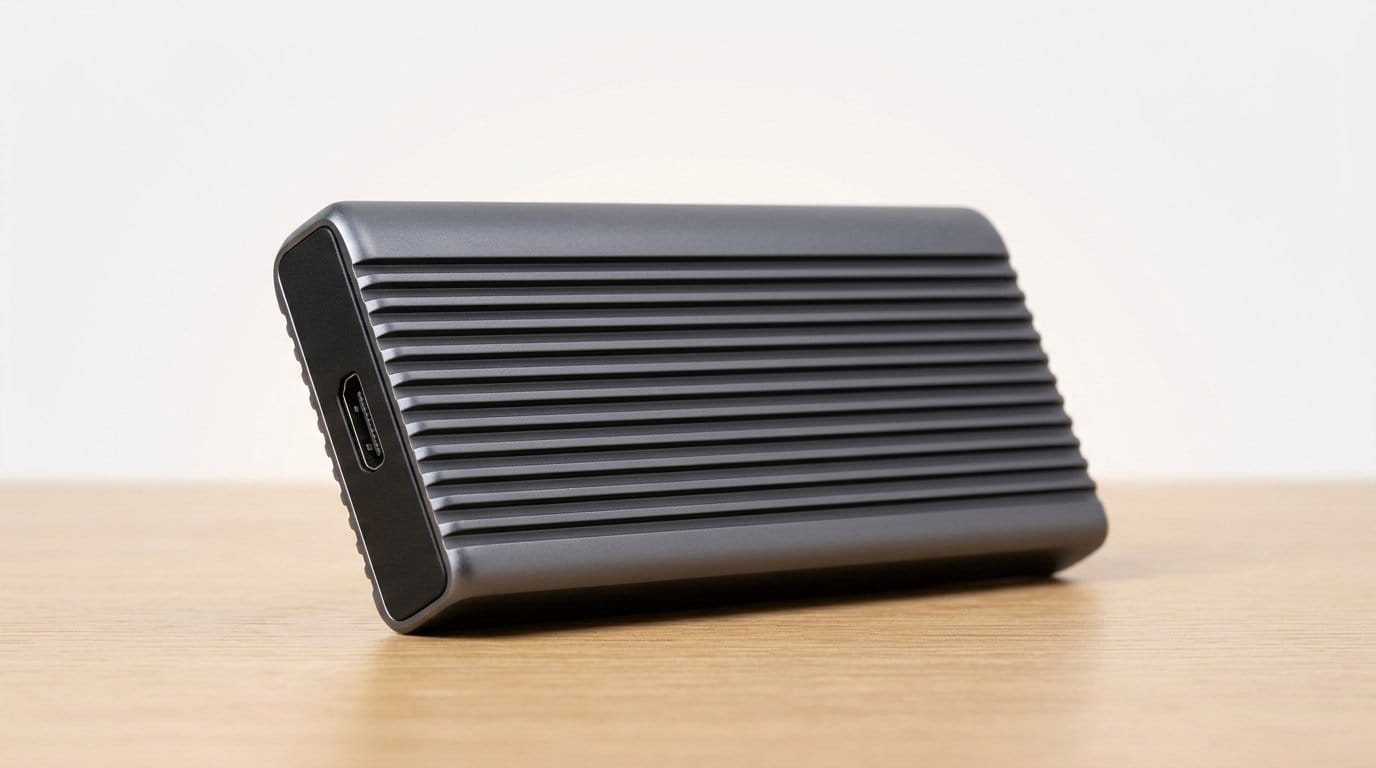 Compact black external SSD on a wooden surface with soft directional light.