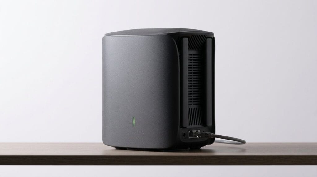 Compact black external hard drive with cooling vents on a wooden surface under soft light.
