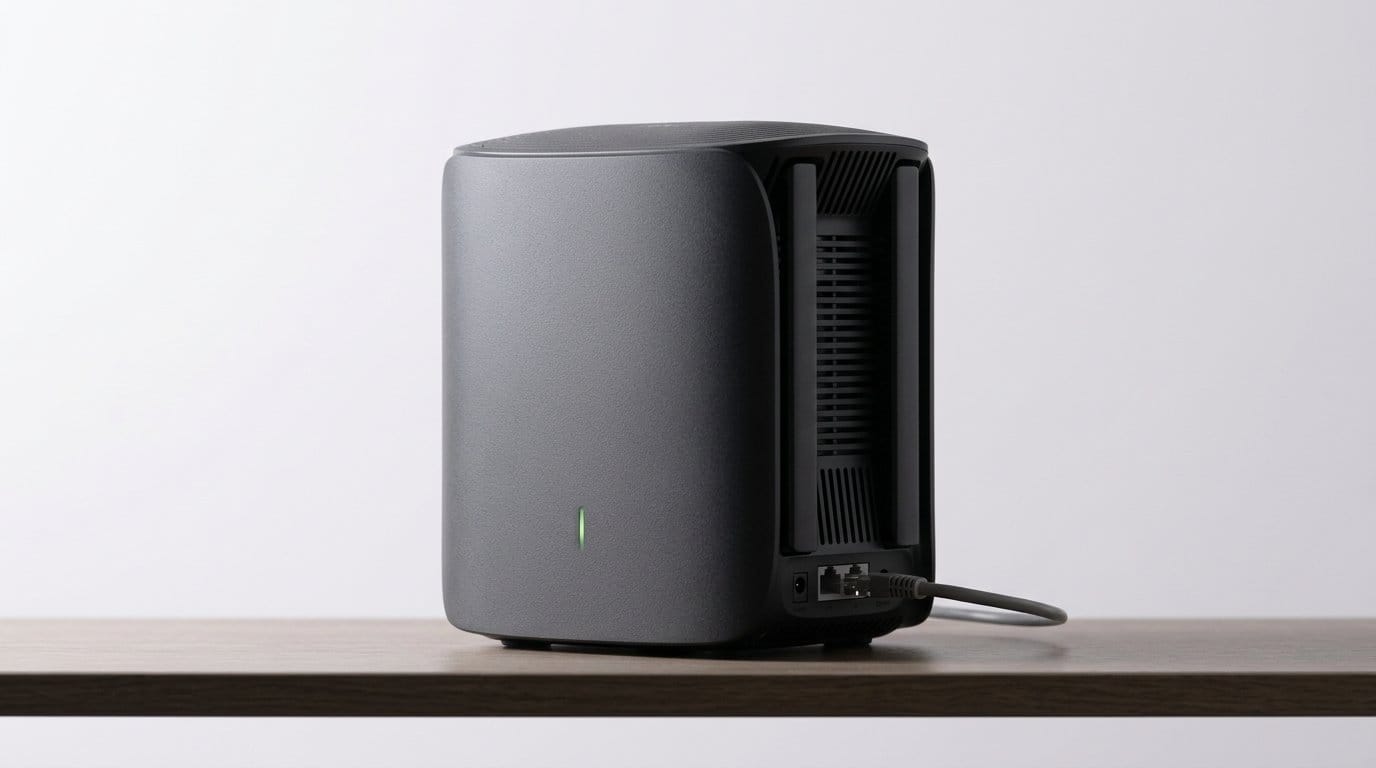 Compact black external hard drive with cooling vents on a wooden surface under soft light.
