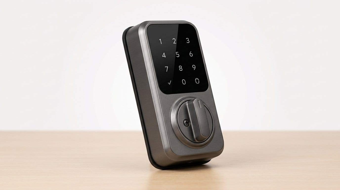 Sleek black electronic keypad door lock on a wooden surface with soft directional light