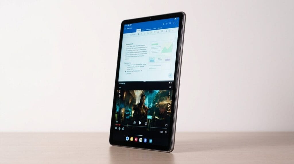 Foldable smartphone showing two apps open for multitasking on screen