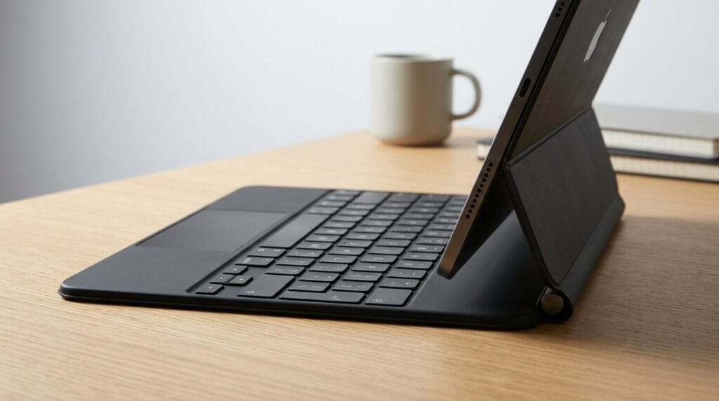 Tablet with keyboard case on a wooden desk beside a coffee mug and laptop-style accessories.