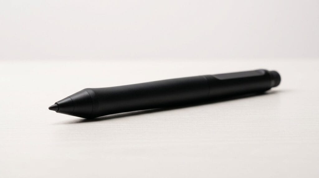 Black digital stylus pen on a white surface, close-up product shot for tablet and digital art use