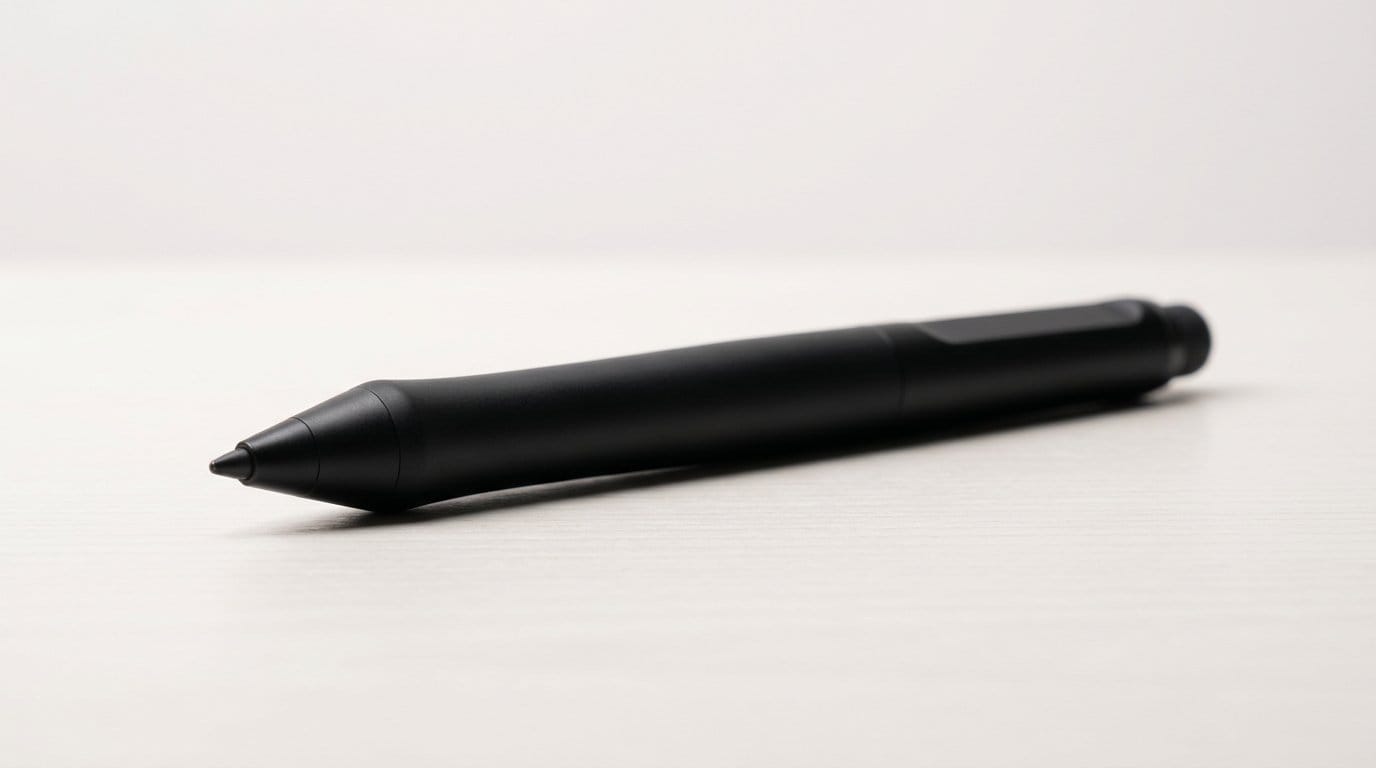 Black digital stylus pen on a white surface, close-up product shot for tablet and digital art use