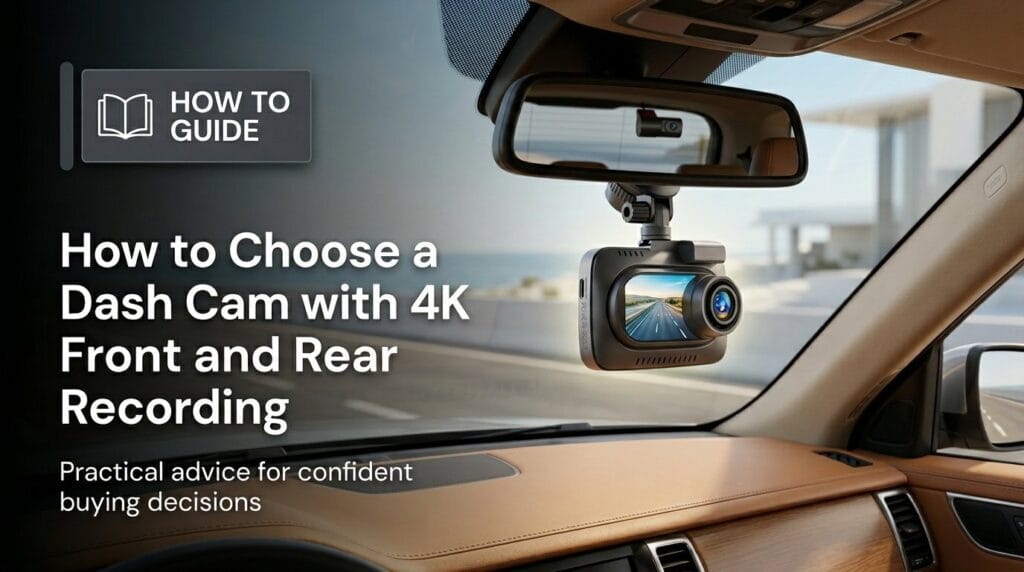 Dash cam on a minimal surface with soft directional light for a 4K front and rear recording guide