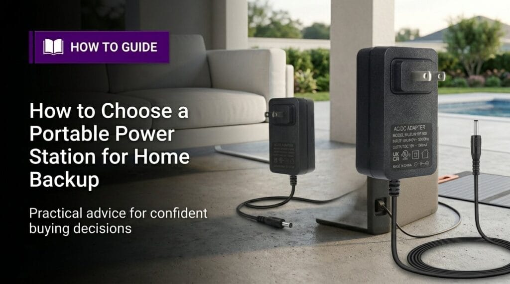 Portable power station on a minimal surface with soft directional light for home backup guide