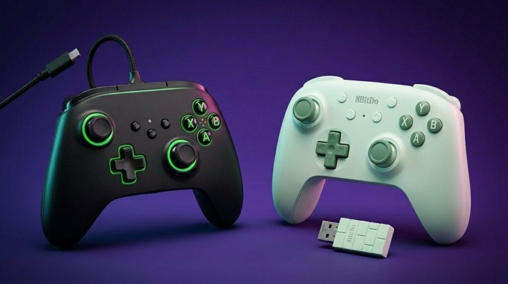 Black and white gaming controllers on a purple background, shown side by side for comparison