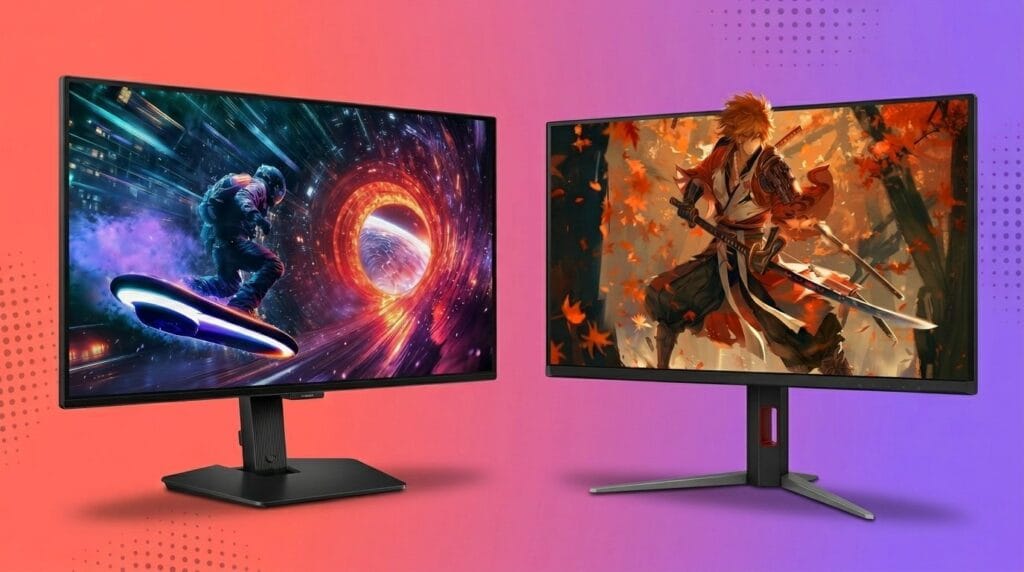 Two gaming monitors showing vibrant sci-fi and fantasy scenes in an OLED vs Mini-LED comparison