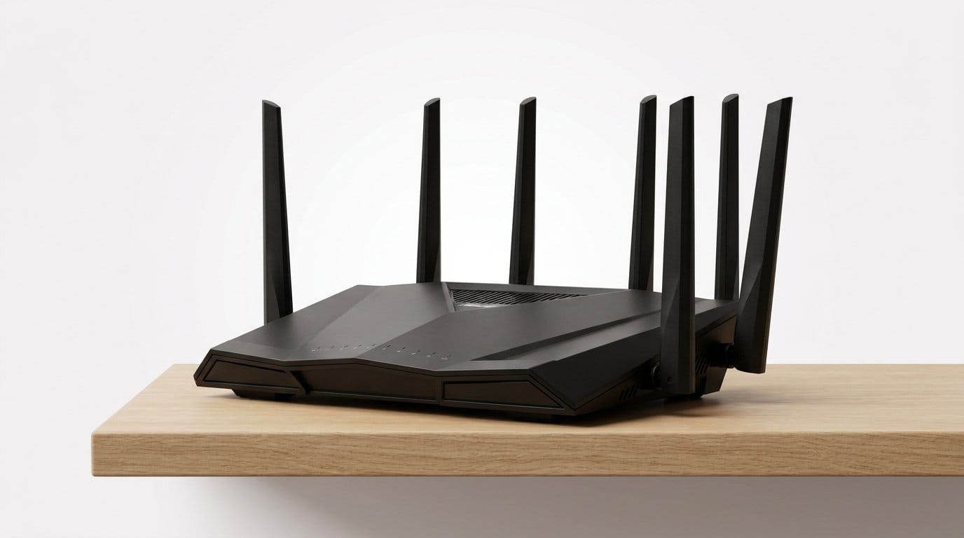Black wireless router with multiple antennas on a wooden shelf, shown in soft directional light