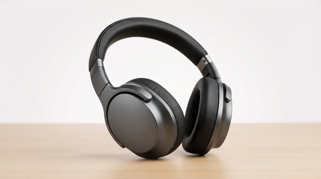 Black wireless over-ear headphones on a wooden surface against a white background.