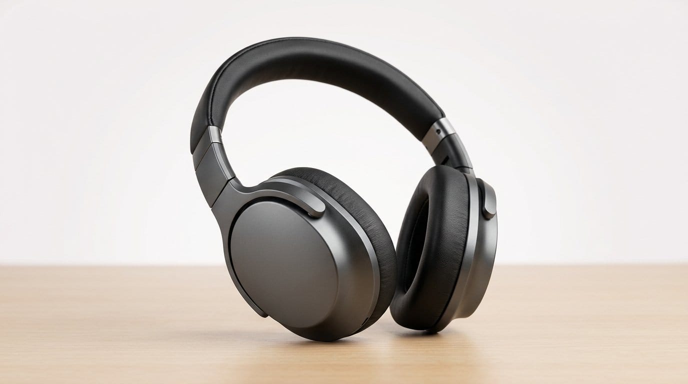 Black wireless over-ear headphones on a wooden surface against a white background.