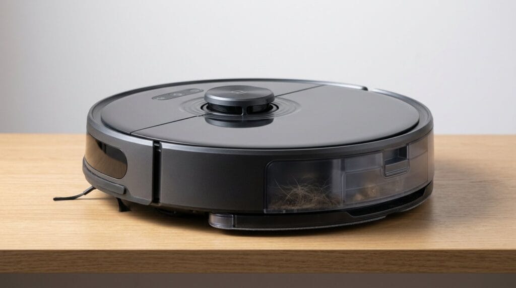 Black robot vacuum on a wooden surface against a gray background, featured image for a pet hair and hard floors guide