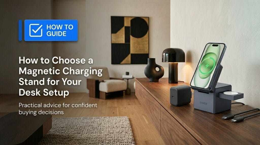 Anker MagGo wireless charging stand on a minimal desk with soft directional light