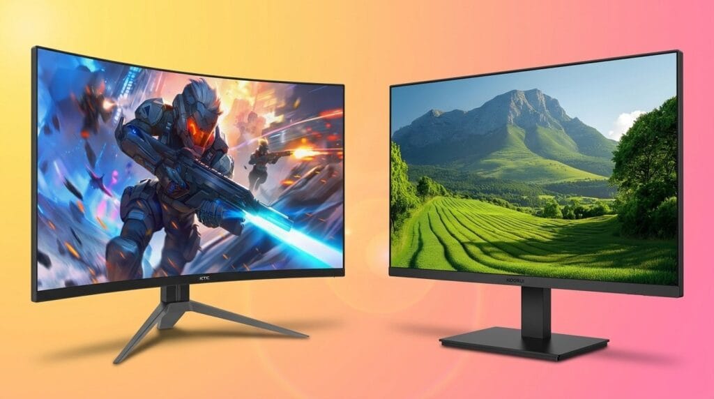 Two gaming monitors side by side showing a sci-fi scene and scenic landscape, curved vs flat monitor comparison