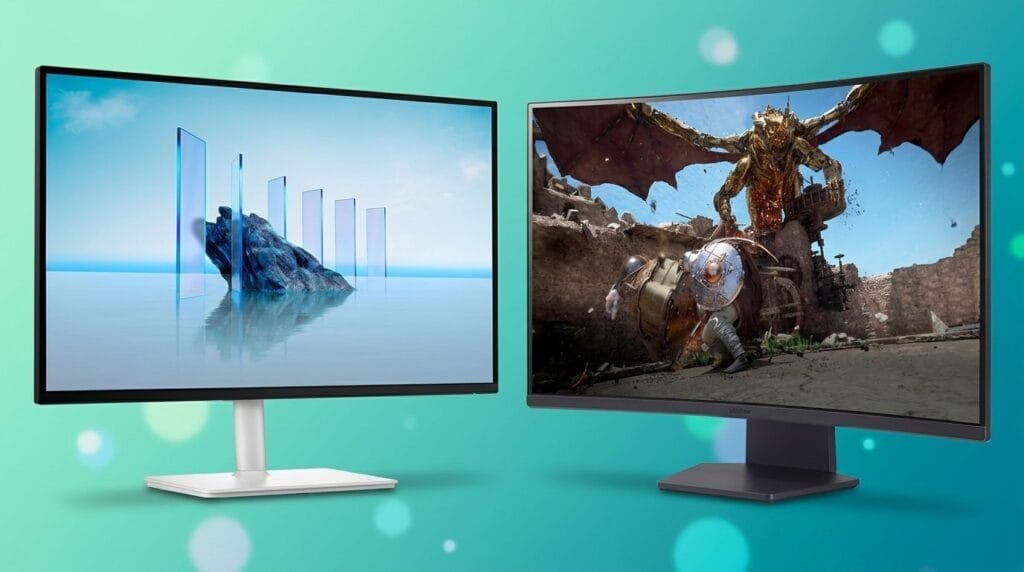 Two computer monitors side by side showing a landscape and dragon battle scene on a minimal surface