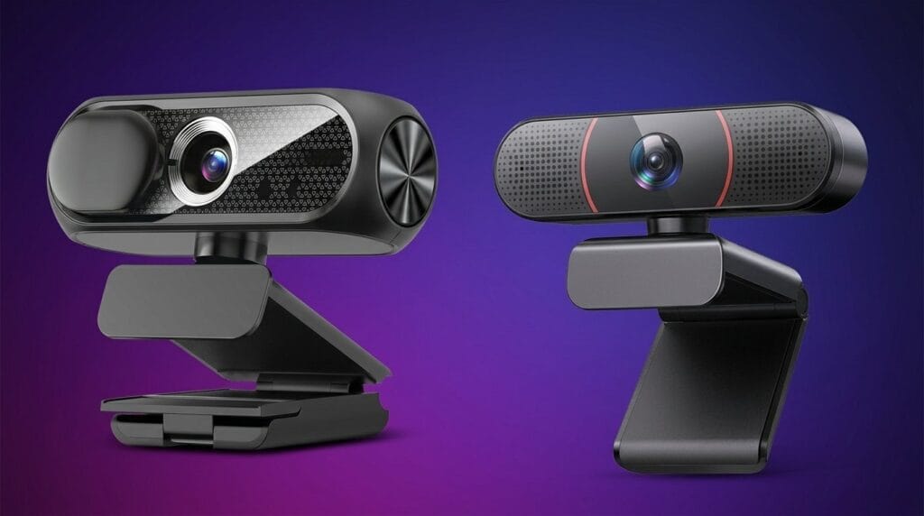 Side-by-side comparison of 1080p and 4K webcams on a purple background with adjustable mounts.