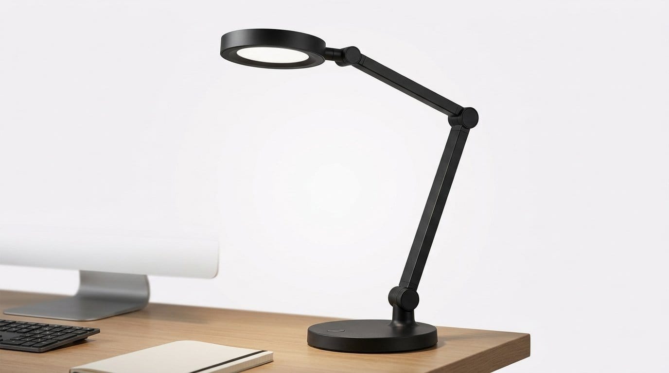 Modern black adjustable LED desk lamp on a wooden office desk with soft directional light