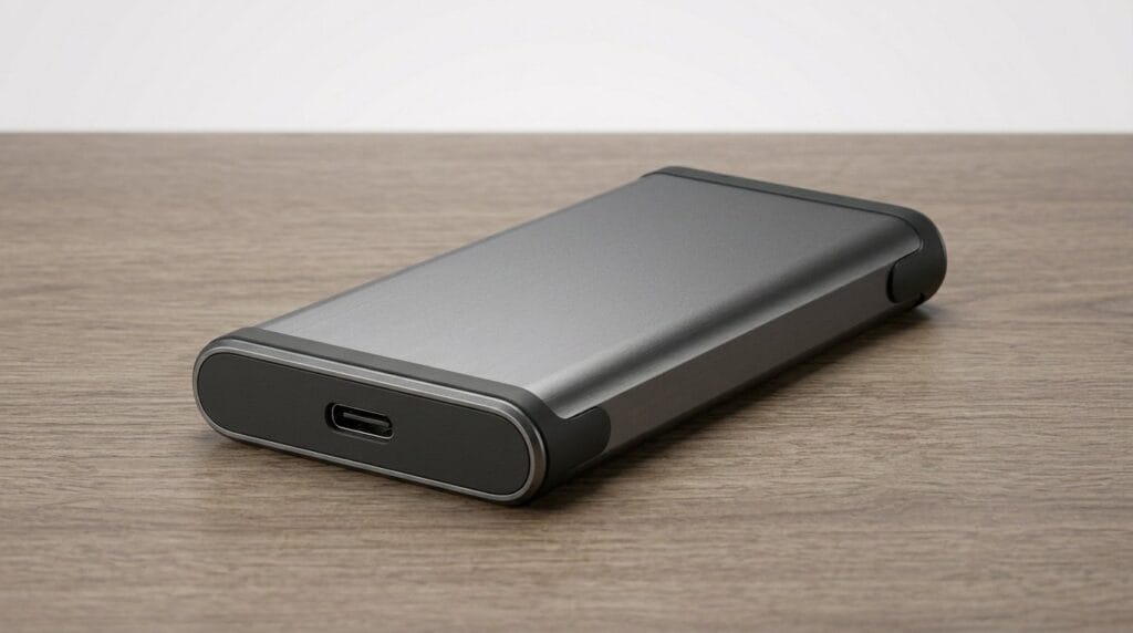 Sleek portable SSD on a wooden surface with soft directional light.