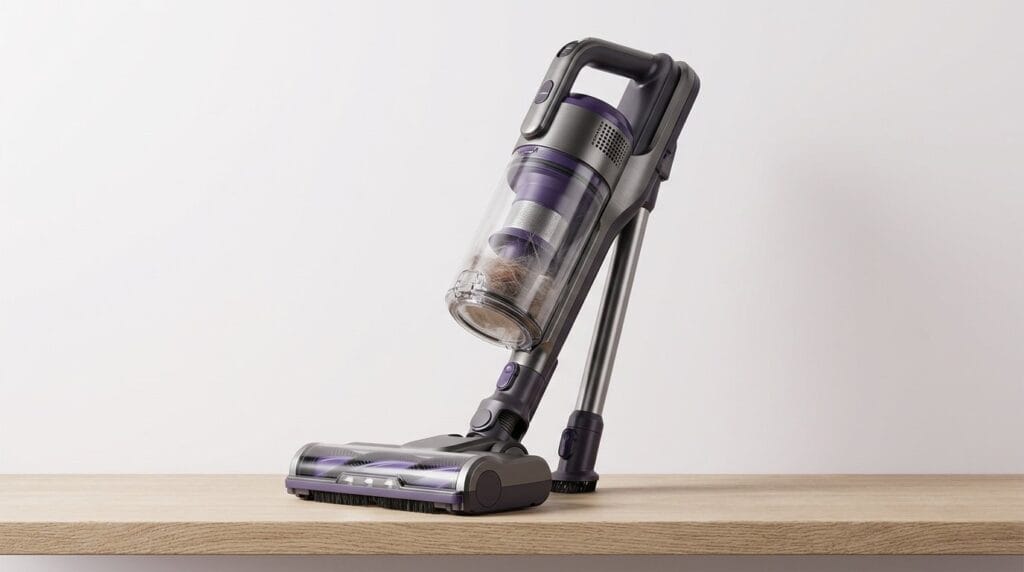 Cordless upright vacuum on a wooden floor against a white wall, shown as a featured product image